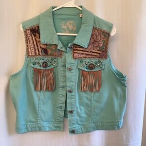 Denim vest with fringe, appliqué, lace, studs,  more!!  Size XL